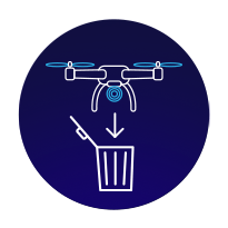 circular icon depicting a drone and trash can