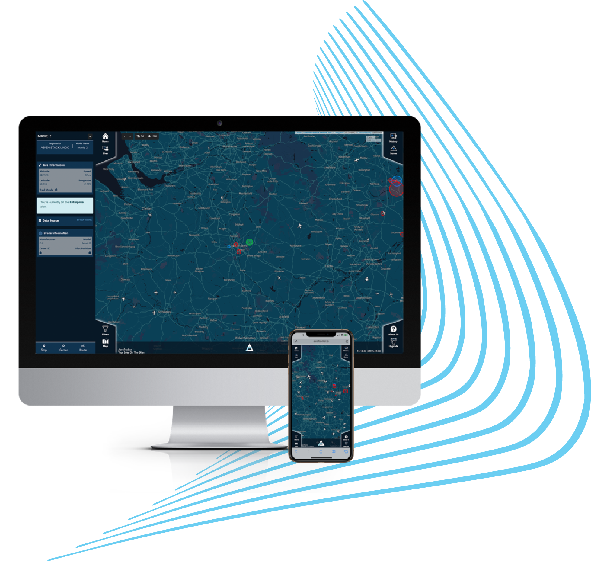 Aerotracker display on computer screen and phone screen