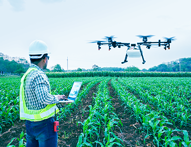 drone flying over crop fields